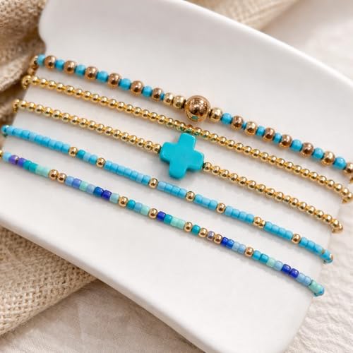 Gold Bracelets for Women, Beaded Cross Stack, Non Tarnish Set，Set-1 | Gold Beaded Bracelet Stack with Stretch Fit, Waterproof Finish and Dainty Design for Everyday Wear and Gifts - color: Colors-6