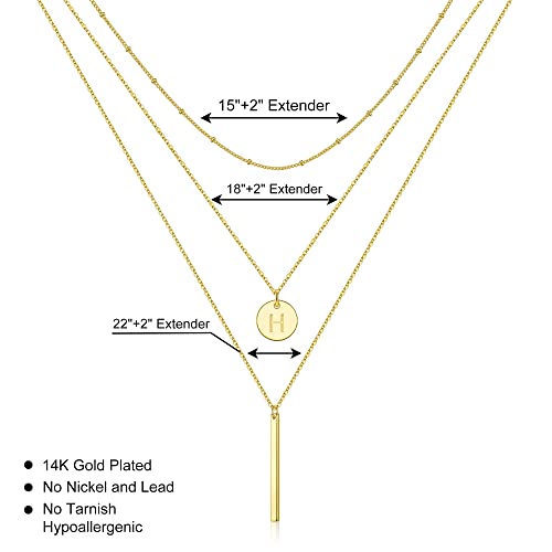 Initial Layered Necklaces for Women, 14K-Gold-Plated Coin Letter Necklace Bar Stacking Layer Necklace Multi Bar Layering Y-Necklaces Jewelry for Women - color: 14K-Gold-Plated, style: H