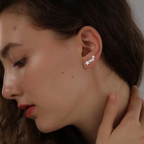 Stud Earring for Women, 14K Gold Silver Plated Hypoallergenic Studs Set | Trendy Cartilage Tragus Helix Clover Flower Earring Stack for Multiple Piercing, Dainty Cute Small Jewelry Gift, Non Tarnish - style: SL-Five-petal Flower