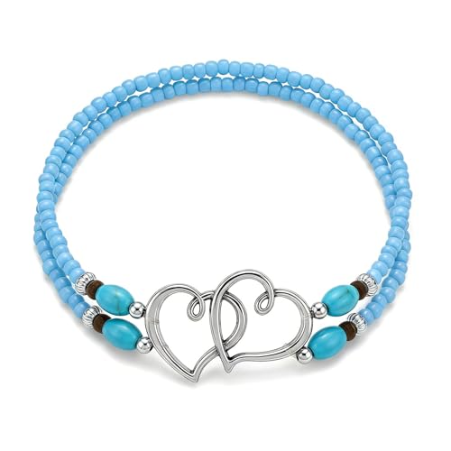 Ankle Bracelets for Women Waterproof Elastic Anklets | Boho Layered Beaded Ankle Bracelet Double Heart Colorful Anklet Summer Beach Jewelry Accessories - style: Blue Style