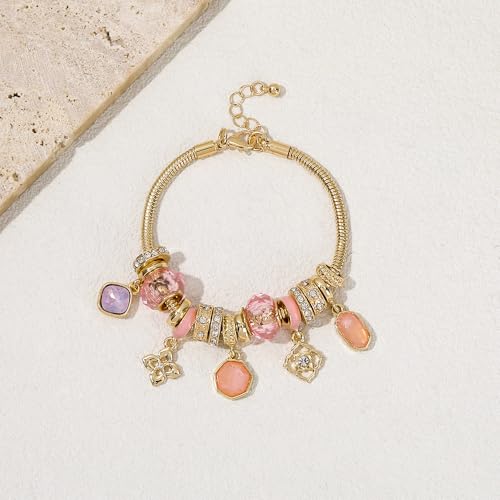 Charm Bracelet Gold Bracelets for Women Gifts | LOVE Heart Hollow Flower Bow Pink Green Square Gemstone Beaded Charm Bracelet Cute Adjustable Bracelet Jewelry - style: Lavender Pink Square Gemstone