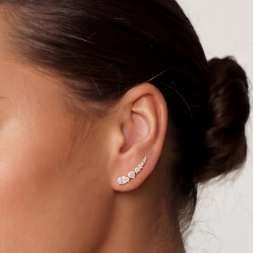 Ear Climber Earrings for Women, 14K Gold Plated/Silver Plated | Crawler Earrings Pierced with Cubic Zirconia, Hypoallergenic Cluster Stud Tragus Conch Daith Cartilage Jewelry Gift for Daily - color: Gold-4