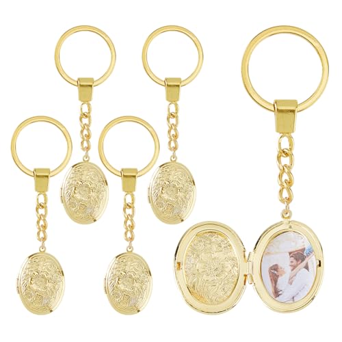 SUPERFINDINGS 5Pcs Locket Keychains Brass Memory Photo Locket Keychain Oval Flower Locket Keychains for Bag Hat Key - color: Golden