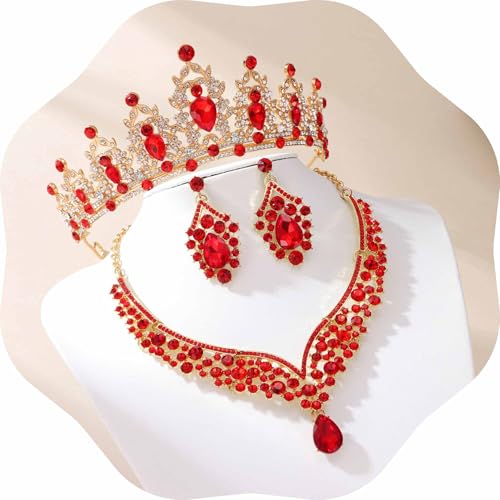 Kamirola Bridal Wedding Tiara Crown Jewelry Set for Women/Brides/Bridesmaids Crystal Jewelry Set for Wedding Prom Party Bridal Crystal Necklace Earrings Bracelet Set(TR60) - color: Gold Red