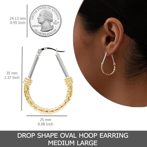 LeCalla 925 Sterling Silver Hoop Earrings for Women | Italian Design Classic Diamond-Cut Textured Hoops Earring | Women's Oval Drop Shape Silver Earring Jewelry - color: Large Two-Tone