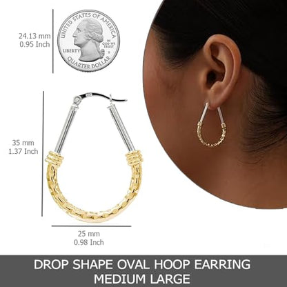 LeCalla 925 Sterling Silver Hoop Earrings for Women | Italian Design Classic Diamond-Cut Textured Hoops Earring | Women's Oval Drop Shape Silver Earring Jewelry - color: Large Two-Tone
