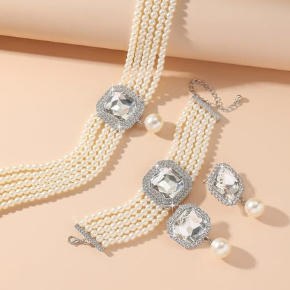 Fashion Bride Silver Black Green Bridal Layered Rhinestone Crystal 1920s Faux Pearls Necklace Earrings Bracelet Set Crystal Wedding Jewelry Set Rose Red Square Choker Necklace for Women - color: Silver