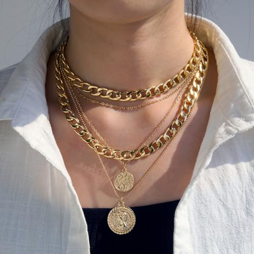 GIGB PBDK Chunky Layered Coin Pendant Necklaces for Women Gold Cuban Link Chain Statement Necklaces Punk Halloween Bachelor Party Holiday Vacation Accessory - color: Gold