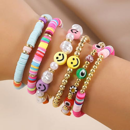 Friendship Bracelets for Women - Heishi Surfer Colorful Smile Evil Eye Clay Beaded Stretch Bracelets Elastic Layering - Stackable Boho Disc Y2K Aesthetic Summer Jewelry Set. - color: A-Evil Eye-6pc Colorful 01