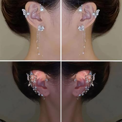 2 Pairs Dainty Silver Butterfly Ear Cuffs & Wraps for Women Non Piercing Bling Butterfly Tassel Style Zircon Earrings Ear Clips Bridal Wedding Jewelry - color: Silver-E