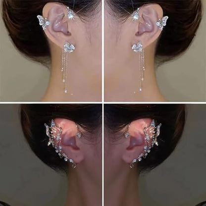 2 Pairs Dainty Silver Butterfly Ear Cuffs & Wraps for Women Non Piercing Bling Butterfly Tassel Style Zircon Earrings Ear Clips Bridal Wedding Jewelry - color: Silver-E
