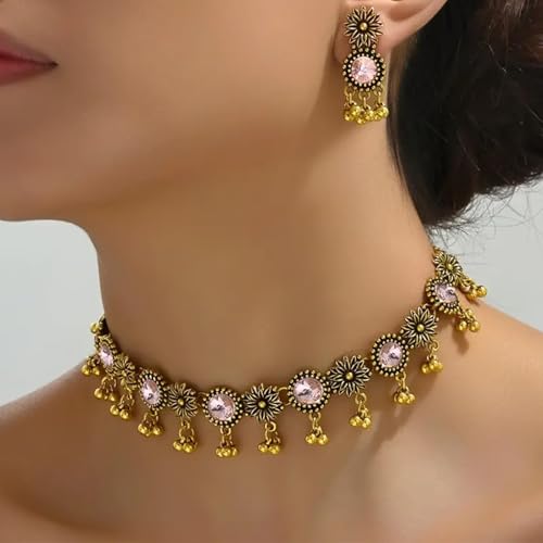 Frodete Indian Jewelry Sets for Women Traditional Bohemian Wedding Jewelry Set Indian Dresses for Women Oxidized Ethnic Party Prom Wear - color: A3:pink indian necklace earring sets