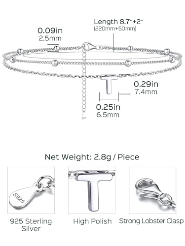 ChicSilver Ankle Bracelets for Women Waterproof, 925 Sterling Silver Initial Anklets for Women, Adjustable Dainty Layered Anklet Beach Jewelry for Women Mom Wife Friend - style: Silver-T