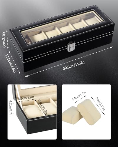 Uten Watch Box 6 Slots, Watch Storage Display with Glass Lid - color: Black + Beige, size: 6 Slots