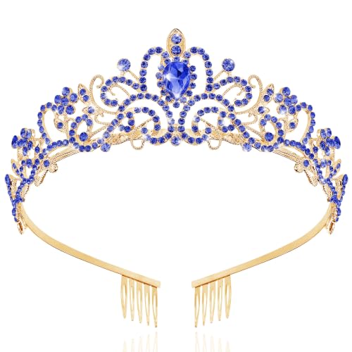 TAROSE Tiaras for Women, Birthday Crown and Sash for Girls | Birthday Sash Sunglasses Outfit, Birthday Gift for Women Girls, Goddess Crown Bride/Halloween/Prom/Party/Costume - color: 1 F. Gold+royal Blue