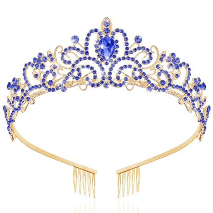 TAROSE Tiaras for Women, Birthday Crown and Sash for Girls | Birthday Sash Sunglasses Outfit, Birthday Gift for Women Girls, Goddess Crown Bride/Halloween/Prom/Party/Costume - color: 1 F. Gold+royal Blue