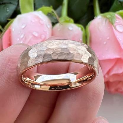 TUTISS 6mm 8mm Silver/Black/Gold/Rose Gold Hammered Tungsten Rings for Men Women Couple Fashion Jewelry Engagement Wedding Bands Domed Matte Finish Comfort Fit - color: 6mm Rose Gold I Love You Engraved