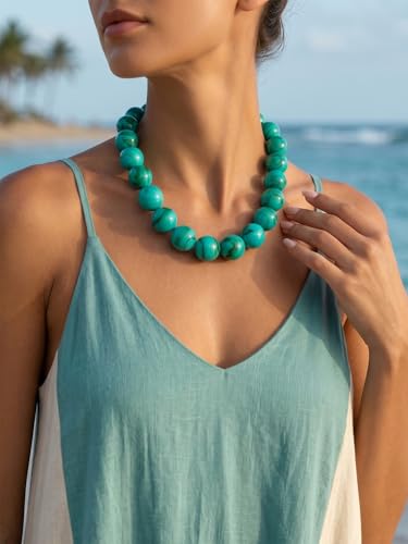Chunky Beaded Necklaces for Women Statement Necklace | Bold Chunky Choker, Large Resin Beads, Adjustable Necklace, Boho Trendy Summer Beach Holiday Jewelry - color: Turquoise color