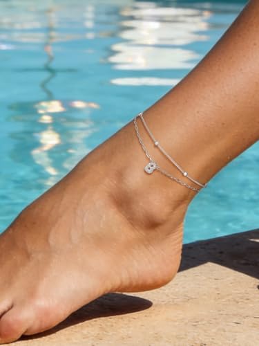 Richsteel Initial Ankle Bracelets for Women Waterproof, 14K Gold Plated/Silver Stainless Steel Anklets, Dainty Adjustable Layered Anklets with Bubble Letter, Non Tarnish Summer Beach Jewelry with Gift Box - color: B-Silver