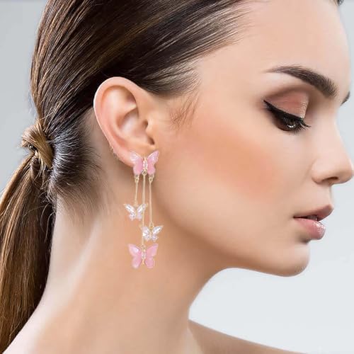Purple Butterfly Tassel Earrings for Women Crystal Rhinestone Drop Earrings Animal Drop Dangle Charm Earrings - color: D-Pink