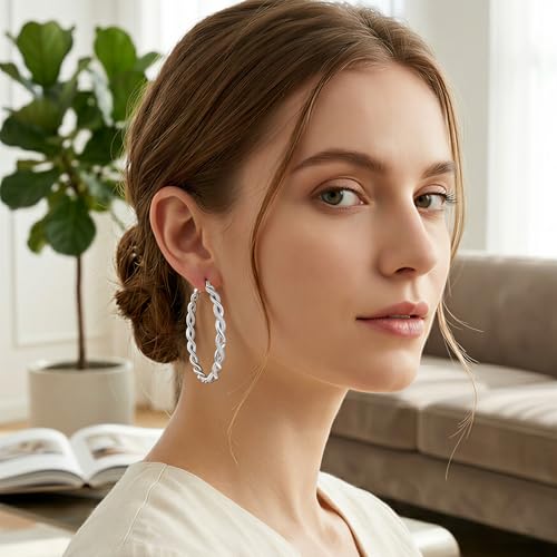 Senteria S925 Sterling Silver Post Twisted Hoop Earrings Hypoallergenic | Lightweight Silver Hoop Earrings AAAAA Cubic Zirconia Nickel Free for Sensitive Ears Twisted Hoops for Women Gifts 20-60MM - color: silver-60mm