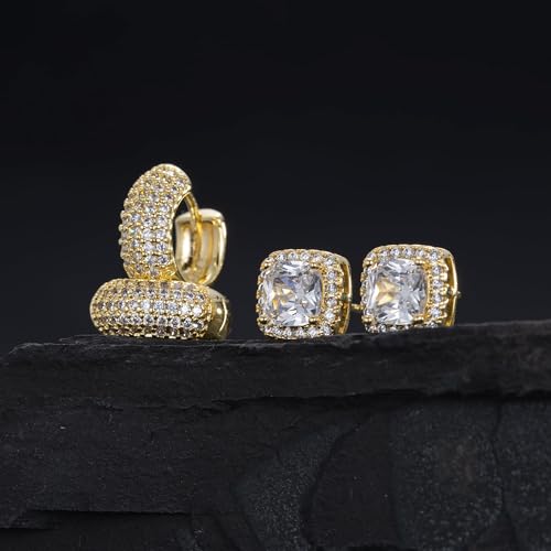Earrings for Men 14K Gold Plated Hypoallergenic Mens Hoop Earrings | Cubic Zirconia Round/Square Stud with Huggie Hoop Earring Set,Mens Cartilage Studs for Sensitive Ear,Jewelry Gift for Him - color: Square Stud & Huggie - Gold