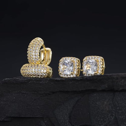 Earrings for Men 14K Gold Plated Hypoallergenic Mens Hoop Earrings | Cubic Zirconia Round/Square Stud with Huggie Hoop Earring Set,Mens Cartilage Studs for Sensitive Ear,Jewelry Gift for Him - color: Square Stud & Huggie - Gold