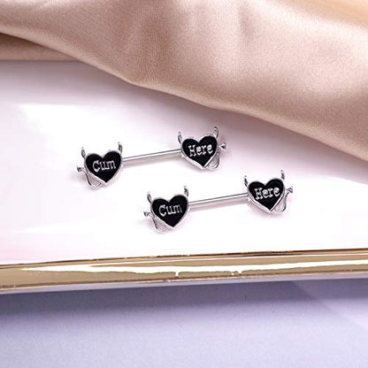 Letter Nipple Ring 14G 316L Surgical Steel Nipple Barbell Heart Shape Devil Body Piercing Jewelry for Women Men - color: black C