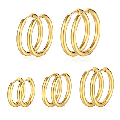 Silver Gold Hoop Earrings for Women Men, 316L Surgical Stainless Steel Huggie Hoop Earrings Set Hypoallergenic Small Cartilage Earrings Lightweight Hoop Earrings Huggie Set - color: 5 Pair Golden(12/14/16/18/20mm)