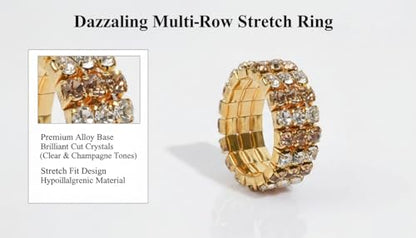 Sparkling Rhinestone Ring Set Trendy Elastic Rhinestone Crystal Stretch Ring Stackable Jewelry for Women Girls - color: 3 Rows Ring-Golden+White+Crystal Yellow