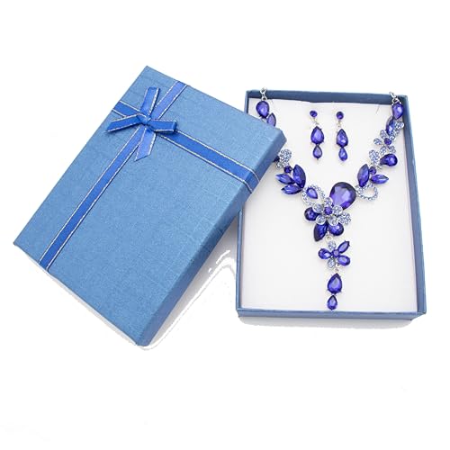 Rhinestone Crystal Bridal Necklace Floarl Art Deco Teardrop Collar Necklace Dangle Earrings Jewelry Set for Women - color: Royal Blue