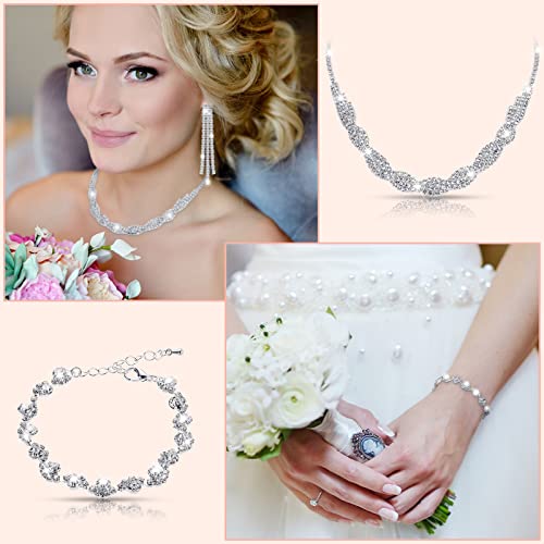 Jexine 6 Sets Silver Jewelry Set for Women Wedding Silver Crystal Rhinestone Necklace Earrings Bracelet for Bride Bridal Bridesmaid - style: Classic