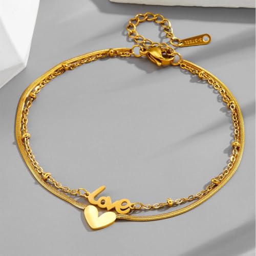 Dainty Gold Anklets for Women Stainless Steel Simple Ankle Bracelets Summer Beach Foot Chain Jewelry Gift - color: Double-layer Love Heart