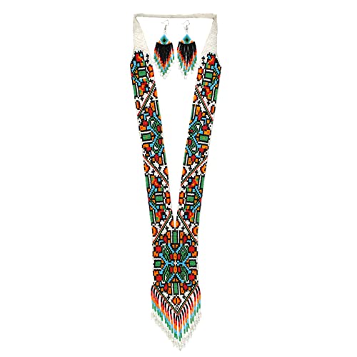 Long Beaded Necklace – Boho Native Handmade Seed Bead Tassel Necklace, Bohemian Large Statement Beaded Necklace for Women and s - color: Pattern 12