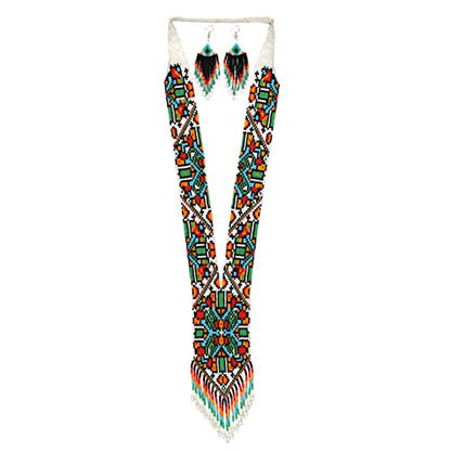 Long Beaded Necklace – Boho Native Handmade Seed Bead Tassel Necklace, Bohemian Large Statement Beaded Necklace for Women and s - color: Pattern 12