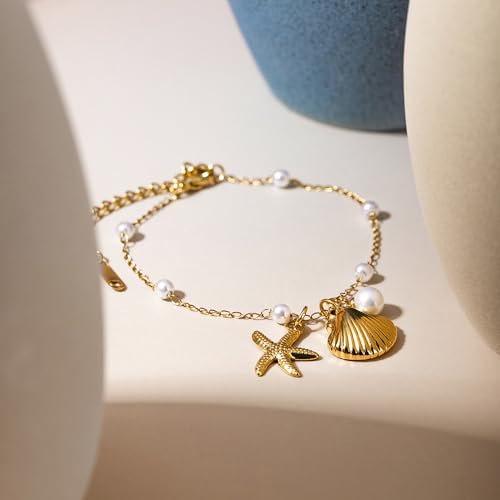Dainty Shell Starfish Bracelet Anklet Charm Pearl Beads Seashell Gold-Tone Plated Stainless Steel Boho Anklet Foot Jewelry for Women Fashion boho Summer Beach Accessories Eternity Gift Valentine's Day