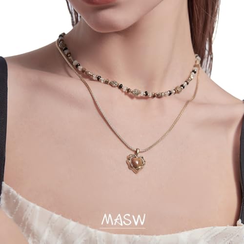 Retro temperament brown beaded collarbone chain fashionable heart-shaped tiger eye stone pendant necklace personality double layer necklace exquisite women's accessories M2730001