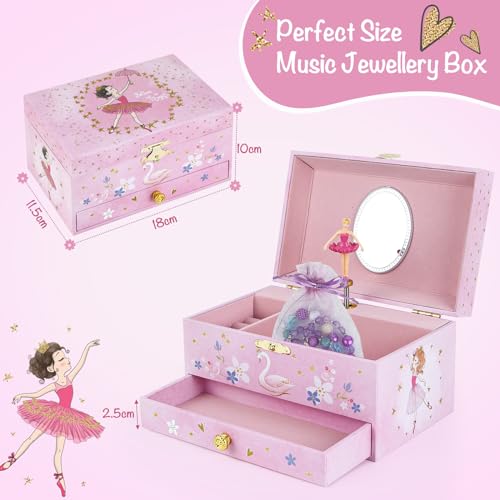Music Jewellery Box with Drawer Necklace Bracelet, Musical Jewelry Storage Case with Spinning Ballerina Gift Set for Kids Girls Children Daughter (Pink Ballerina) - color: Pink Ballerina