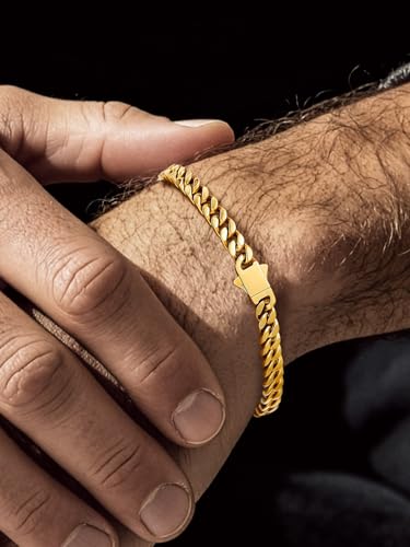 Bandmax Mens Hip Hop Cuban Link Bracelets 5/7/9/12MM Stainless Steel Miami Curb Chain Bracelet Silver/Gold Plated/Black Wristlet Chains for Men 7"-9" - color: 03 5MM-Gold