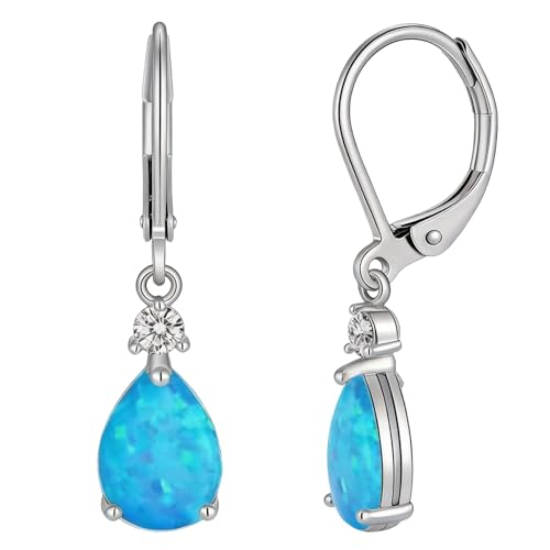 Dainty Opal Earrings for Women Sterling Silver Pear Oval Blue Opal Dangle Earrings Leverback Earrings Gold - color: leverback-blue