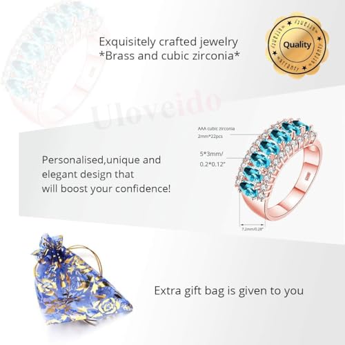 Uloveido Beautiful Women's 7 Stones Wedding Band Oval Cubic Zirconia Engagement Anniversary Rings J501 - color: Rose Gold-Light Blue