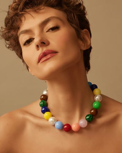 Chunky Beaded Choker Necklace for Women Boho Statement Necklace with Large Pearl Blue Brown Tone Resin Beads Summer Beach Jewelry Gifts - color: Rainbow Pastel Mix