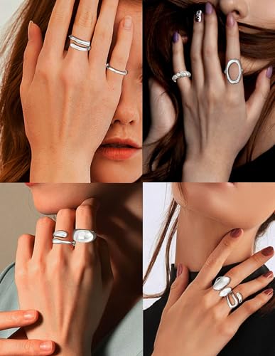 12Pcs Gold Chunky Rings 18K Gold Plated Stackable Open Knuckle Ring Set Hollow Heart Twist Croissant Dome Band Statement Finger Rings for Women Gold Silver Tone Adjustable - color: B-Sliver