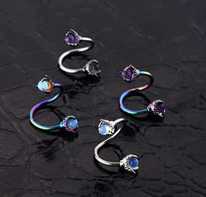 OUFER Twist Helix Earring 316L Stainless Steel Dragon Claw with Opalite Center 16G Twist Lip Labret Cartilage Upper Lobe Piercing Jewelry - color: Rainbow Amethyst