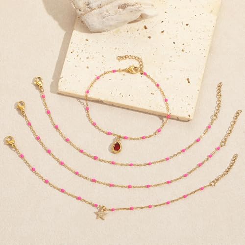 6 PCS Enamel Beaded Chains Bracelet Stainless Steel Link Bracelets | 6.7"+1.18", With Extender Chain, Fashion Jewelry Set, Gift For Women, Colorful, No Fade - color: Rose Gold
