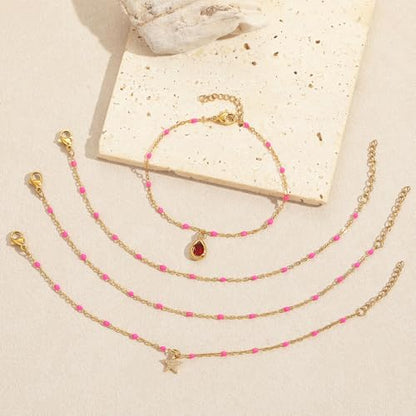6 PCS Enamel Beaded Chains Bracelet Stainless Steel Link Bracelets | 6.7"+1.18", With Extender Chain, Fashion Jewelry Set, Gift For Women, Colorful, No Fade - color: Rose Gold