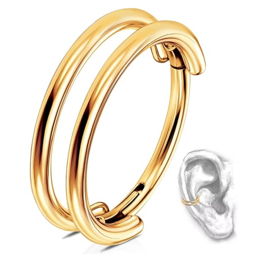 G23 Titanium Conch Piercing Jewelry Hoop: 16G 8mm/10mm/12mm Diamond Cartilage Earring Helix Double Piercing Hoop Septum Rings Hypoallergenic Nose Rings Hinged Segment Clicker Lip Rings Rook Daith Tragus Earrings - color: Gold-Double Layers