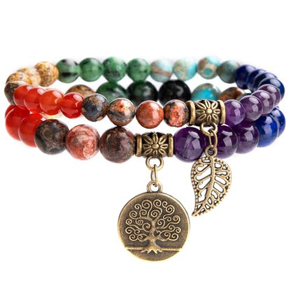 Bivei Natural Semi Precious Gemstone beads bracelet for women - Life Tree and Leaf Charm Energy Reiki Crystal Stretch Bracelets - color: # 7 chakras bracelet set- Bronze, size: Large:7.87-8.26inch