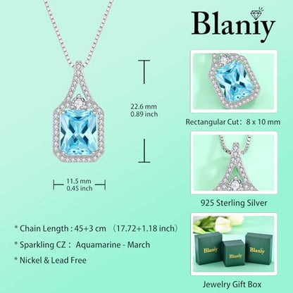Created Gemstone Necklace 925 Sterling Silver Halo Rectangular Pendant Birthstone Necklaces Jewelry Gifts for Women - color: 03 March - Aquamarine