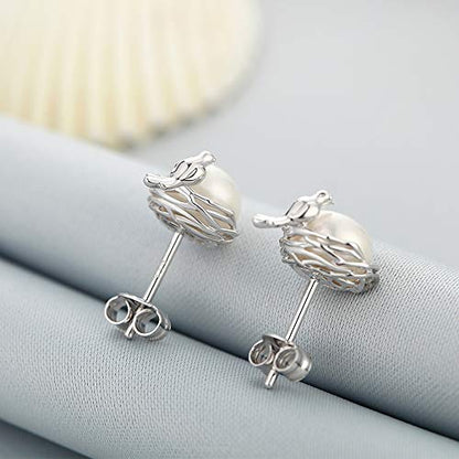 Han han Pearl Stud Earrings for Women 925 Sterling Silver, Pearl Jewelry Gift for Women 8MM-13MM - style: G-Bird Pearl Studs-8mm